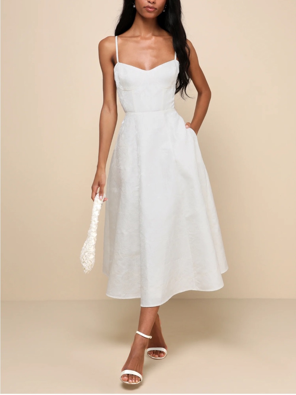 Lulus | Meet for Tea White Jacquard Bustier Midi Dress With Pockets | Large New